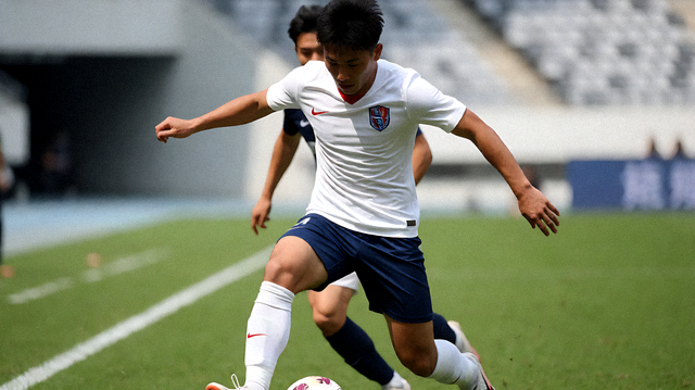 足球比赛进行中球员在绿茵场上带球推进的现场画面