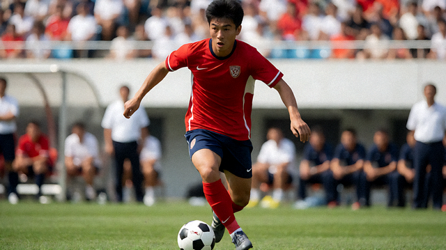 足球比赛进行中球员带球突破的比赛瞬间